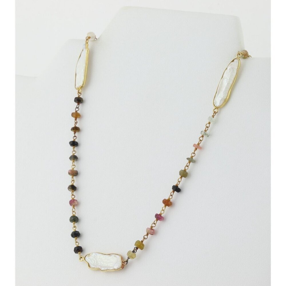 Gold Over Sterling Silver Natural Tourmaline and Keshi Pearl Necklace 24" - Picture 6 of 8